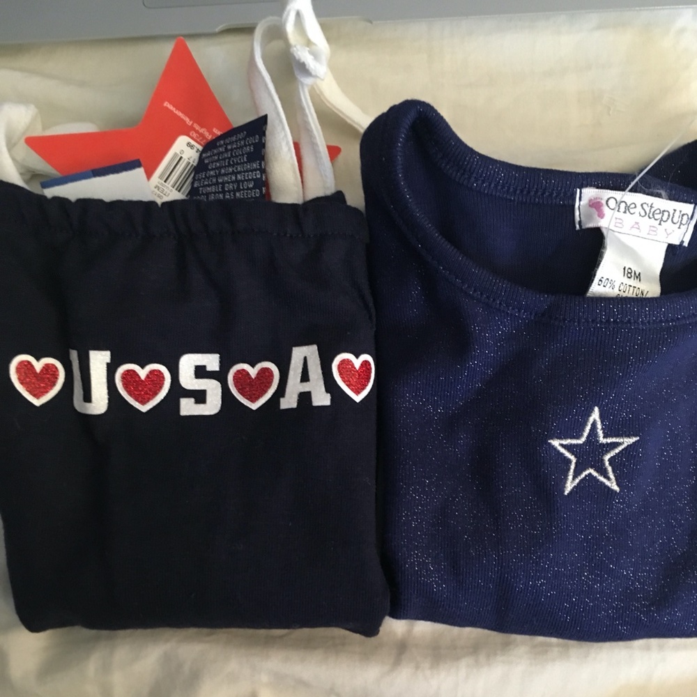 NWT Girls 18 months 2 Patriotic Tops- (1) Love USA and (2) Blue Sparkles & Star